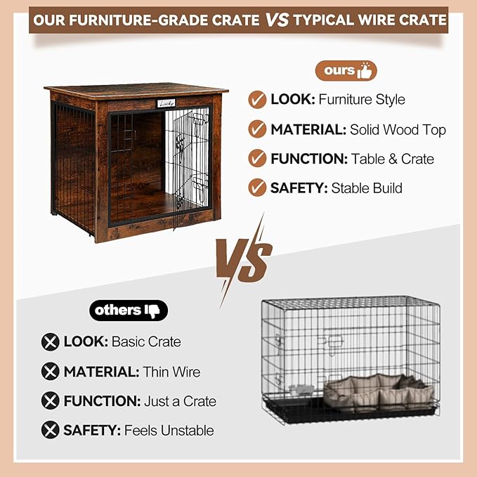 Dog Crate Furniture with Reversible Side Door, 28'' Heavy Duty Wooden Dog Kennel Indoor for Small Medium Dogs, Furniture Style Dog Cage with Double Locks, Steel Mesh, Rustic End Table Dog Crate