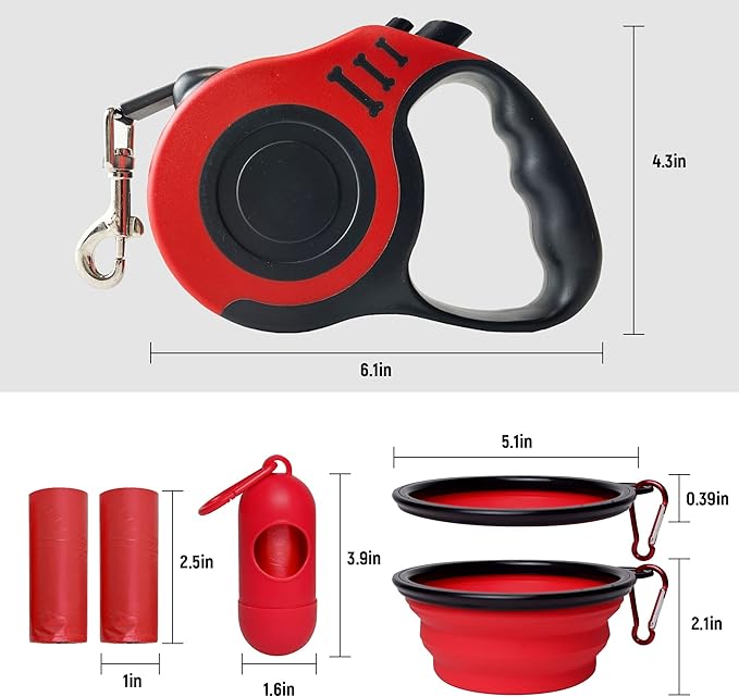 Retractable Dog Leash Automatic Telescopic Tractor Dog Tape, Pet Tape 10/16 FT Durable and Convenient, with Folding Bowl, Dispenser, Rubbish Bags, Suitable for Small and Medium Dogs