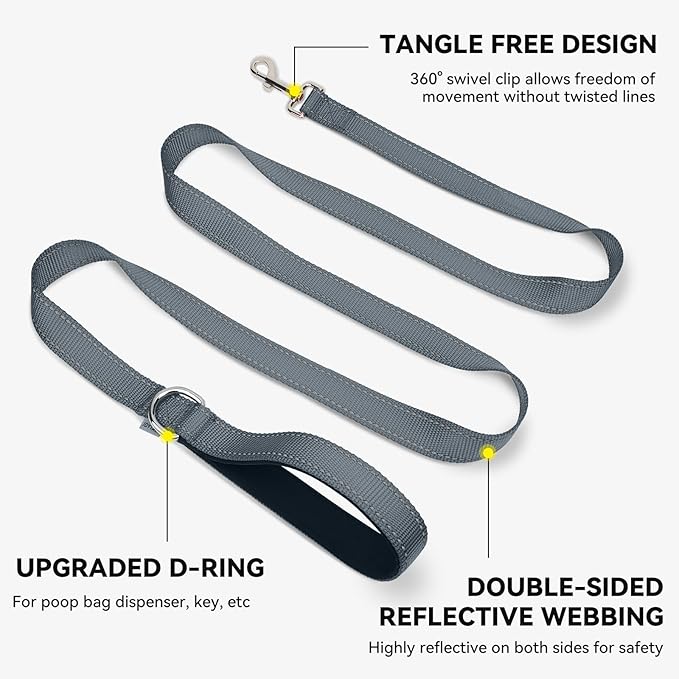 Joytale Dog Leash, 6 FT Double-Sided Reflective, Padded Handle Nylon Heavy Duty Leashes for Medium & Large Dogs Walking, Grey