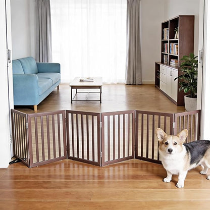 Dog Gate Indoor, Freestanding Dog Fence for The House, Doorways, Hallways,or Stairs,Pet Gate Foldable Wooden,Expandable 24" Height 6 Panels,Brown