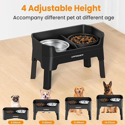 URPOWER 3-in-1 Elevated Dog Bowls - Mess Proof Double Deck 4 Height Adjustable Raised Stand with 2 Stainless Steel Food Bowls & Licking Plate for Small, Medium & Large Dogs