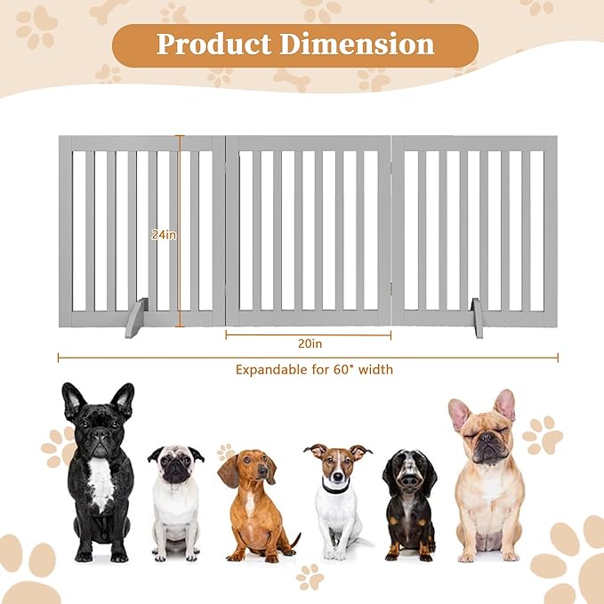 PUPETPO 24”H Freestanding Wooden Pet Gate, Dog Gate for Stairs, Doorways, and Hallways, Step Over Foldable Pet Fence for Indoor Use, Support Feet Included, 60 inch Wide 3 Panels, Grey