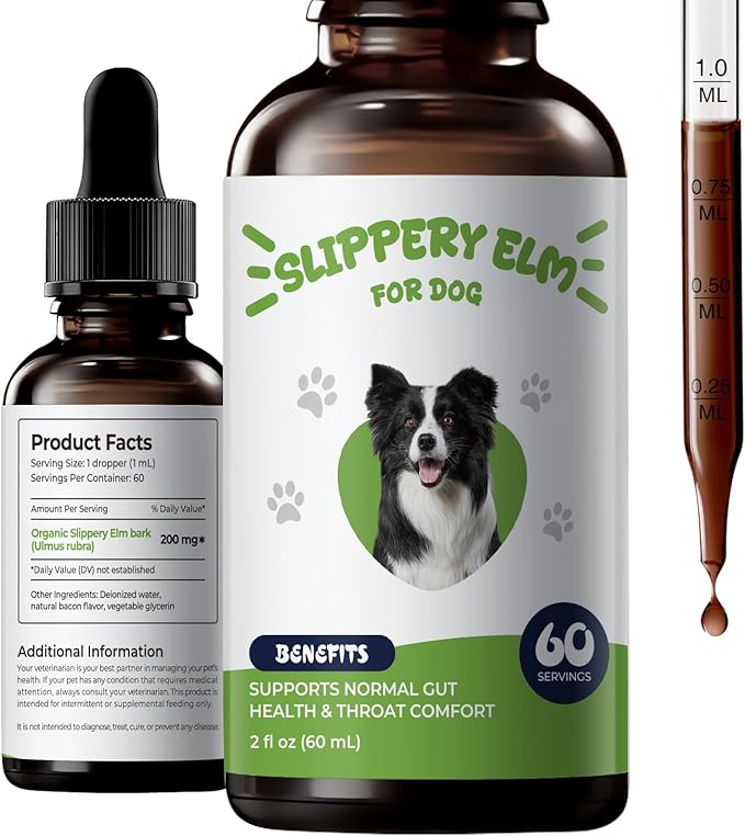 Slippery Elm for Dogs Liquid Drops, Organic Slippery Elm Bark Extract, Gut and Throat Comfort Support, Easy Mix-in Dog Supplement, Bacon Flavor, 2 fl oz