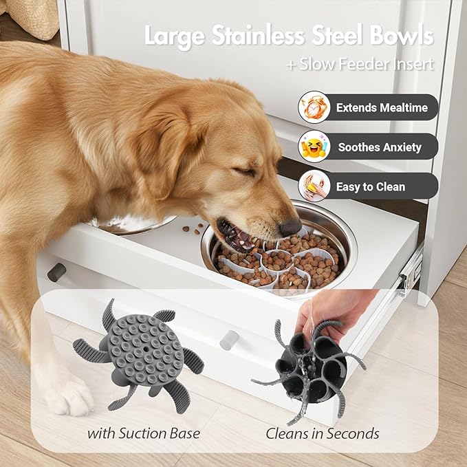 Elevated Dog Feeding Station with Storage Cabinet, 5.3" Pull-Out Hidden Bowls, Dog Food Organizer for Medium Large Dogs with Slow Feeder, Stainless Steel Bowls & Side Hooks (White)