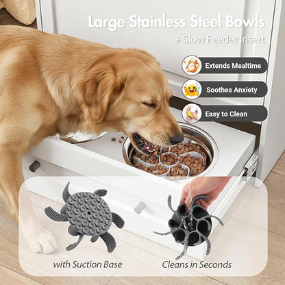 Elevated Dog Feeding Station with Storage Cabinet, 5.3" Pull-Out Hidden Bowls, Dog Food Organizer for Medium Large Dogs with Slow Feeder, Stainless Steel Bowls & Side Hooks (White)