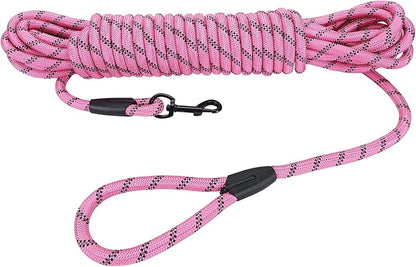 Long Dog Leash for Training 50Ft-Reflective Nylon Rope with Swivel Hook-Recall Agility Lead for Large Small Medium Dogs Outside Walking Hiking-Pink Diam 1/2"