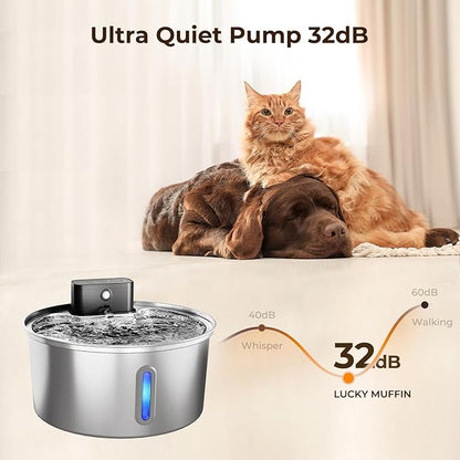 Wireless Stainless Steel Pet Water Fountain, 3.2L/108oz Automatic Cordless Water Dispenser with 3 Smart Modes, Ultra Quiet Pump, Rechargeable Battery, Multi-Filtration for Cats & Dogs