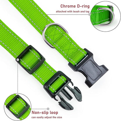 Reflective Dog Collar with Buckle Adjustable Safety Nylon Collars for Small Medium Large Dogs, Grass Green XL