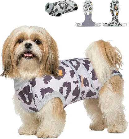 PetWarm Dog After Surgery Onesie for Male Female Dogs, Recovery Suit for Dogs, Prevents Licking, Cotton Protect Abdominal, Dog Cone E-Collar Alternative, Leopard Pattern, Green Grey, XS
