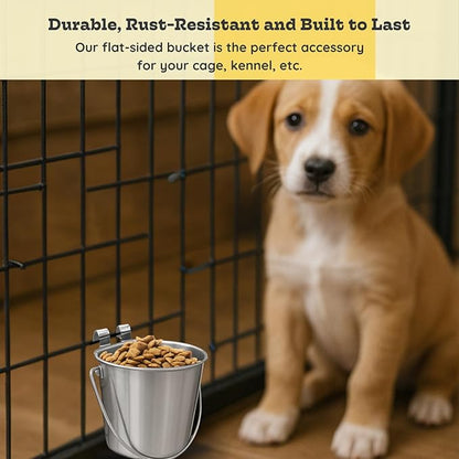 2 quart Stainless Steel Flat Sided Bucket with Dual Hooks | 0.5 gal Durable Food & Water Bowl for Dog Cats Bird & Small Animals | Fits kennel Cage Critter Crate | Hanging Utility Pet Pail