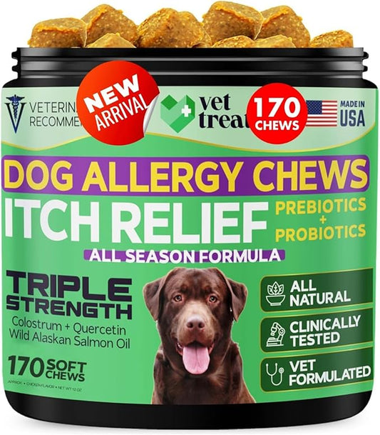 Vet Treat Dog Allergy Relief Chews - 170 Dog Allergy Chews - Itch Relief for Dogs - Anti Itch for Dogs - Dry & Itchy Skin - Allergies & Immune Support Supplement, Omega 3, Fish Oil, Colostrum - USA