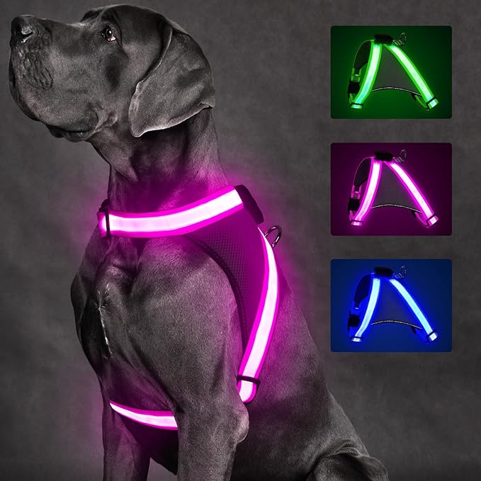ChalkLit Light Up Dog Harness, No Pull Led Dog Harness Glow-in-The-Dark for Night Walking, USB Rechargeable Lighted Safety Vest for Medium Large Dogs, Adjustable Soft Mesh Fully Illuminated(Pink, XL)