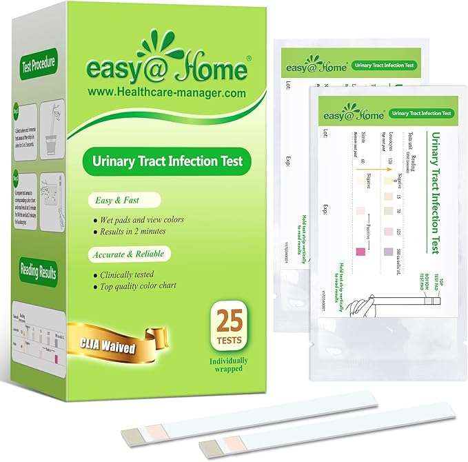 Easy@Home Urinary Tract Infection Test Strips 25 Pack, Individual Pouch UTI Urine Testing Kit for Urinalysis and Detection of Leukocytes and Nitrites (UTIPOUCH-25P)