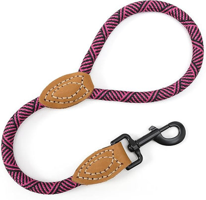 Mile High Life Short Leash for Large Dogs, Short Dog Rope Leash with Heavy Duty Metal Sturdy Clasp, Genuine Leather Tailored Connection(Hot Pink, 18 Inch)