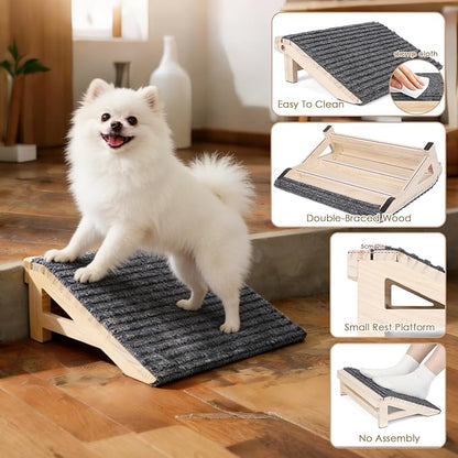 1-Pack Dog Stairs Ramp for Small & Aged Dogs - Wooden Anti-Slip Pet Steps, Low-Angled Dog Assist Ramp for Indoor & Outdoor, Slant Board Calf Stretcher & Office Footrest, Patio/Home/Office 3-in-1 Use