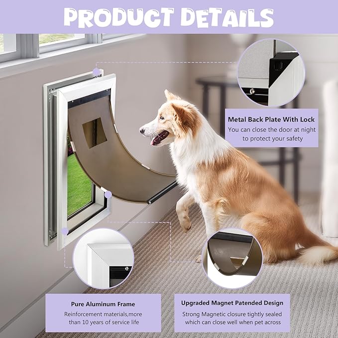 Durable Pet Door, Aluminum Door for Dog and Pets, X-Large Doggie Door with Automatic Closing Magnetic Flaps, Ideal for Interior and Exterior Doors, Screen and Wall, Weather Resistant