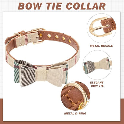 EXPAWLORER Dog Collar and Bandana Set - Classic Plaid Dog Bow Tie and Bandana Collar with PU Leather, Adjustable Collars for Small Medium Large Dogs Cats, Holiday Ideal Gift, Beige M