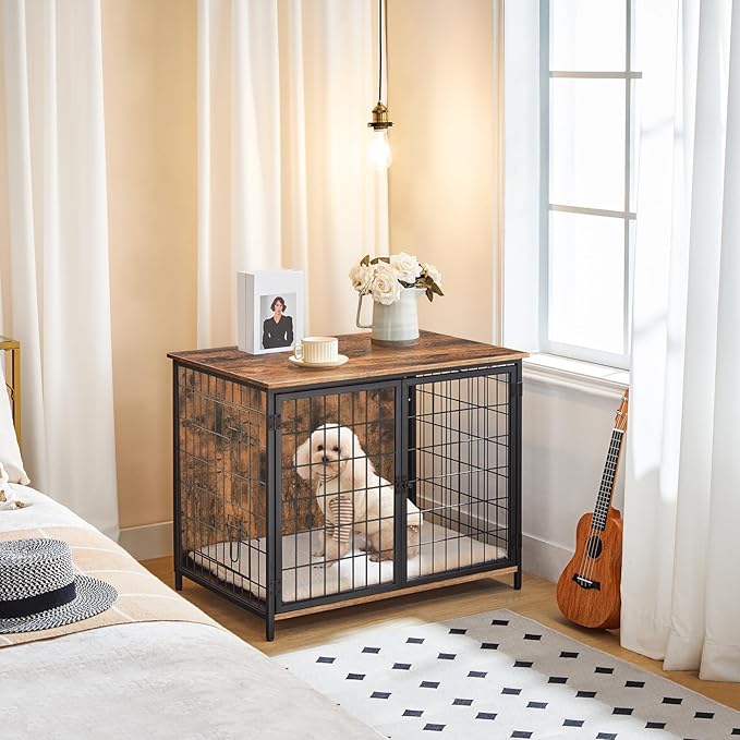 MAHANCRIS Dog Crate Furniture with Cushion, Wooden Dog Kennel with Double Doors, Heavy Duty Dog Cage for Small/Medium/Large Dogs, Indoor Dog House End Table, 31.5" L, Rustic Brown DCHR0701Z1