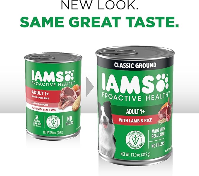 IAMS Proactive Health Wet Dog Food, Adult Wet Dog Food Multipack Ground Dinner, Lamb & Rice, 13 oz. Cans (Pack of 12)