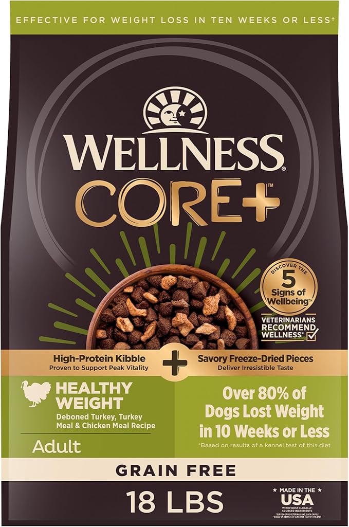 Wellness CORE+ Healthy Weight Adult Dry Dog Food with Freeze Dried Pieces, Grain Free Kibble+, Natural, High Protein, Turkey and Chicken Recipe, 18 lb Bag