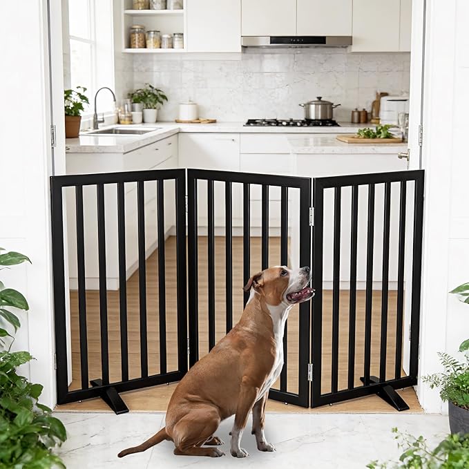 Dog Gate Indoor, Freestanding Dog Fence for The House, Doorways, Hallways,or Stairs,Pet Gate Foldable Wooden,Expandable 32" Height 3 Panels,Black