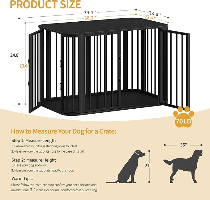 Hzuaneri 39.4'' Dog Crate Furniture, L Indoor Dog Kennel Dogs Cage, Modern Decorative Pet House for Small/Medium/Large Dogs, Anti-Chew & Anti-Escape, Kennel End Side Table TV Stand, Black DFC88704B