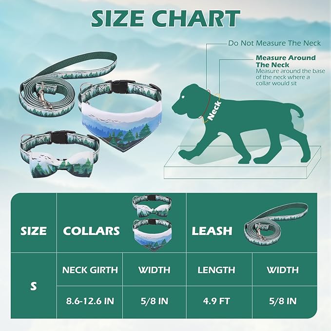 EXPAWLORER Small Dog Collar and Leash Set - Adjustable Dog Bandana Collar with Bell, Cute Dog Collar with Bow, Green Trees Pattern Pet Collar for Small Dogs Cats for Walking Training