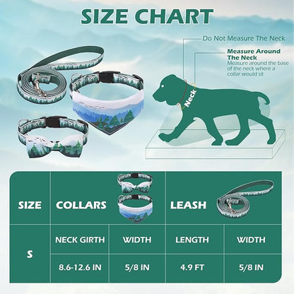 EXPAWLORER Small Dog Collar and Leash Set - Adjustable Dog Bandana Collar with Bell, Cute Dog Collar with Bow, Green Trees Pattern Pet Collar for Small Dogs Cats for Walking Training