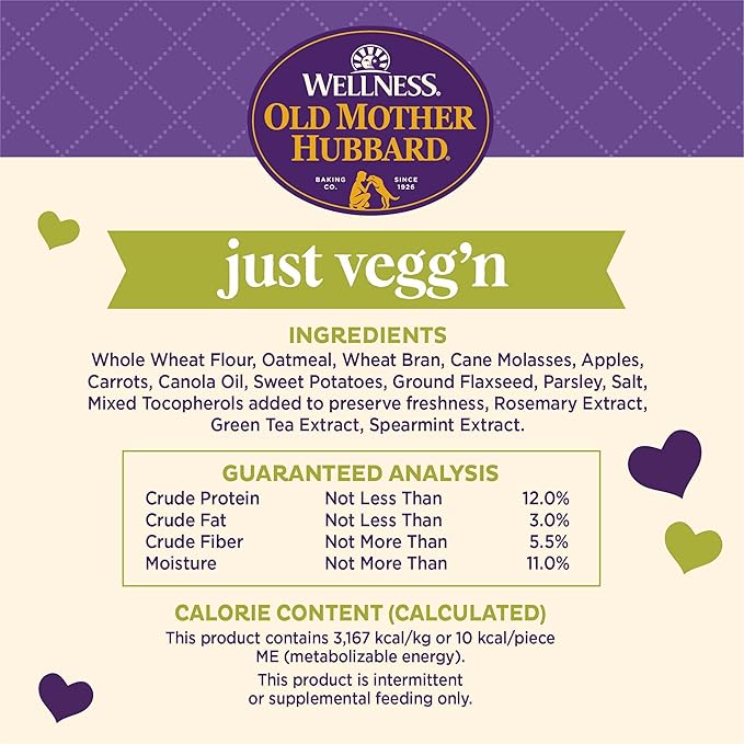 Wellness Old Mother Hubbard Classic Just Vegg'n Dog Biscuits, Natural Training Treats, Sweet Potato, Oats, Apple and Carrot Flavor, Mini Size, 20 oz Bag