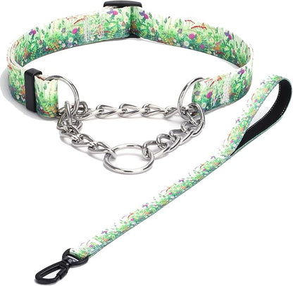 Martingale Dog Collar with Stainless Steel Chain - Limited Chain Cinch Training Collar for No Pull Training Dog - Flower Multicolor Cute Patterns - Premium No Slip Collar (S, Grass Set)