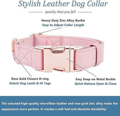 Dog Collar and Leash Set.Soft and Easy to Clean Vegan Leather with Rose Gold Metal Buckle for Small Medium Large Dogs (Pink, L(15.4”-24.8“)