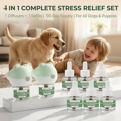 Dog Calming Diffuser Plug-in with Gentle Night Glow, 3 Refills Kit for Behavioral Support, Stress Soothing Aid for Pets During Travel, Thunder, Vet Visits, Fireworks, Safe Formula, 90 Days Supply