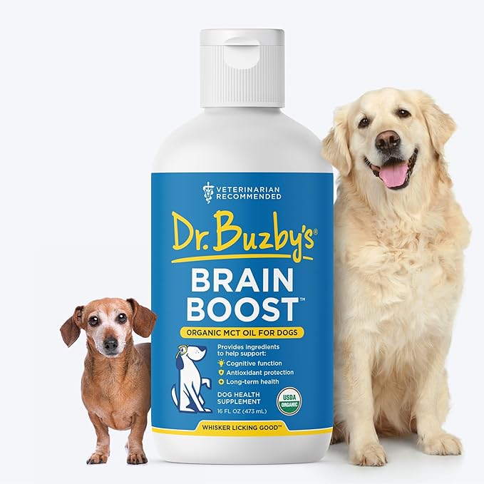 Dr. Buzby’s Brain Boost Organic MCT Oil for Dogs, 16 Oz Human Grade MCTs C8, C10, Senior Dog Dementia, Made from Pure Organic Coconut Oil, Medium Chain Triglyceride Liquid Dog Supplement