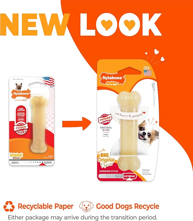 Nylabone Original Bone Power Chew Toy for Dogs, Durable & Tough Dog Toys for Aggressive Chewers, Original Flavor, X-Small/Petite - Up to 15 lbs, 1 Count