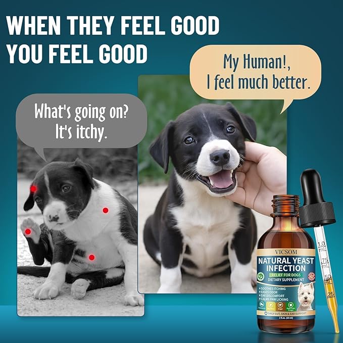 VICSOM Natural Dog Yeast Infection Treatment for Dogs, 2 Pack Itchy Skin & Ear Treatment Natural Support Allergy Relief, Dog Yeast Infection Relief, Irritation, Itching & Inflammation, 60ml x2
