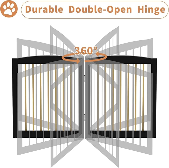 PUPETPO Freestanding Pet Gate for Dogs, Foldable Wooden Dog Gate for House Indoor, Step Over Pet Puppy Safety Fence for Stair, Doorway,Hall, Support Feet Included,3 Panels 32",Black&Gold