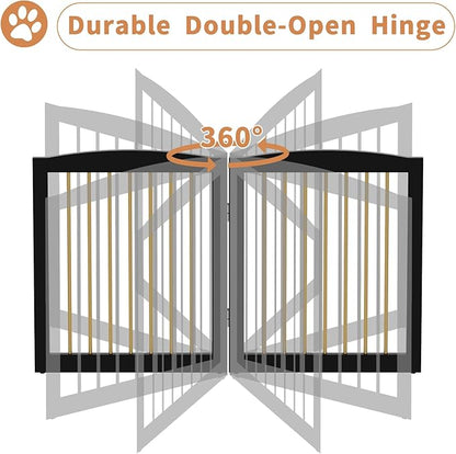 PUPETPO Freestanding Pet Gate for Dogs, Foldable Wooden Dog Gate for House, Indoor Dog Gate for Doorways, Stairs, Step Over Pet Puppy Safety Fence, Support Feet Included,24" Height 3 Panels,Black&Gold