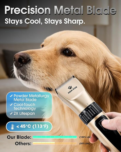 M&M STAR Dog Grooming Kit, Low Noise Dog Clippers, 2-Speed IPX7 Waterproof, Rechargeable Cordless Pet Hair Clippers Trimmer Shaver with LED Display for Small Large Dogs Cats, Gold