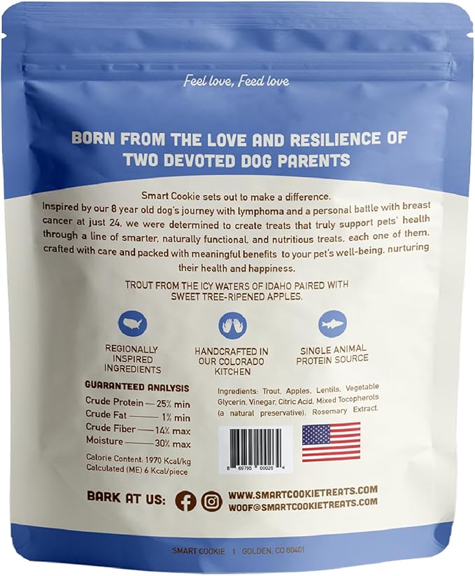 Smart Cookie All Natural Soft Dog Treats - Trout & Apple - Healthy Dog Treats for Allergies, Sensitive Stomachs - Chewy, Grain Free, Human-Grade, Made in The USA - 5oz Bag