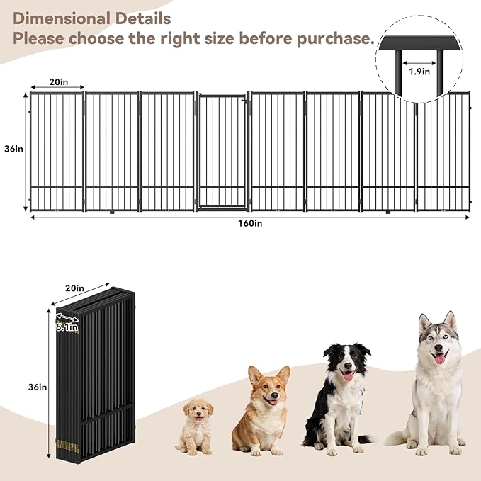SNUOWU Full Metal Freestanding Dog Gate with Door, 36''Height Foldable Pet Dog Fence for Indoor & Outdoor, 8 Panels Extra Wide Free Standing TallDog Gates for Doorways,House,Stairs,Porch,Deck,Yard