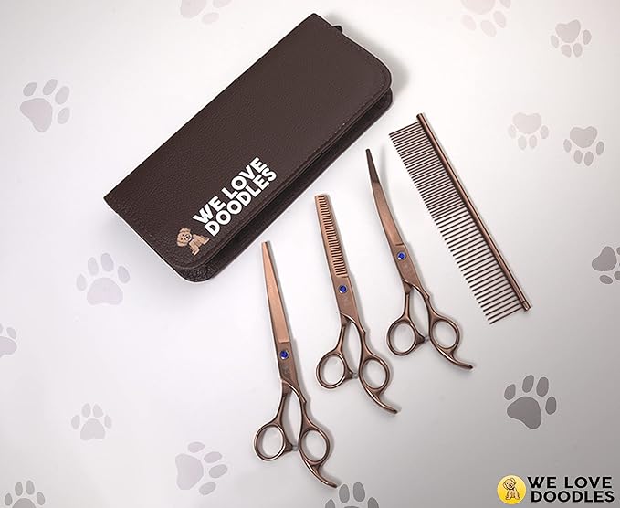 Dog Grooming Scissors Kit - Best Tools for Goldendoodles & Poodles - Straight, Curved & Thinning Shears - Professional Grade Stainless Steel, 4 Pc Set [We Love Doodles]