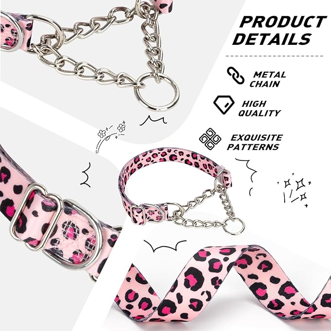 Pink Leopard Martingale Dog Collar - No-Pull Training Collar with Chain, Soft & Durable Design for Medium, Large & XL Dogs (Large Pink Leopard)