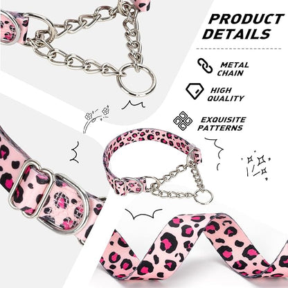 Pink Leopard Martingale Dog Collar - No-Pull Training Collar with Chain, Soft & Durable Design for Medium, Large & XL Dogs (Large Pink Leopard)