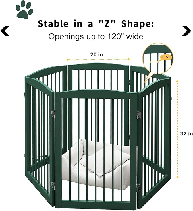 PUPETPO Freestanding Pet Gate for Dogs, Foldable Wooden Dog Gate for House, Extra Wide Indoor Pet Barrier for Stair, Doorway, Hall, Support Feet Included, 120 Inch Wide, 6 Panels 24",Green