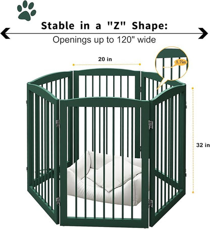 PUPETPO Freestanding Pet Gate for Dogs, Foldable Wooden Dog Gate for House, Extra Wide Indoor Pet Barrier for Stair, Doorway, Hall, Support Feet Included, 120 Inch Wide, 6 Panels 24",Green