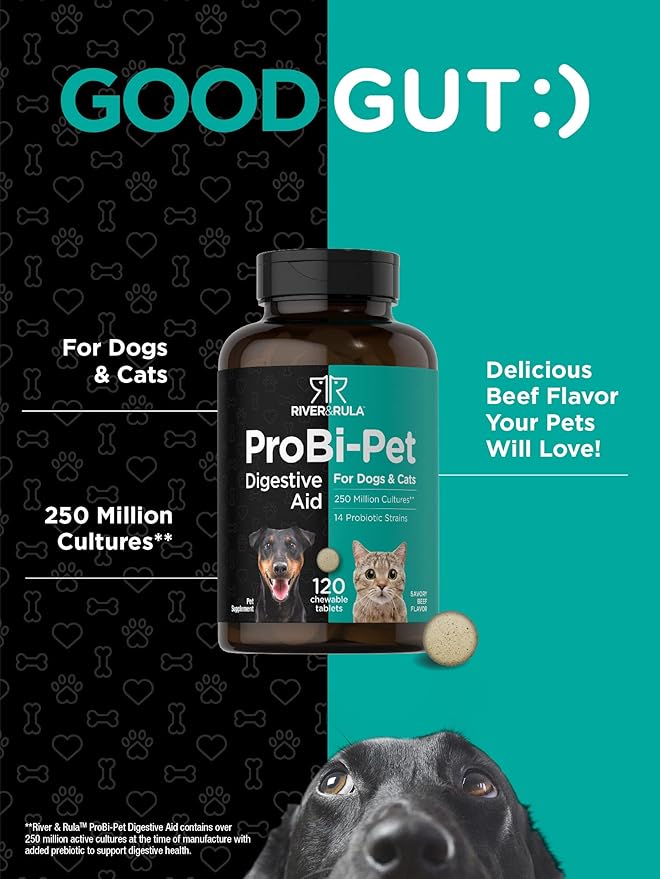 Horbaach Probiotics for Dogs and Cats | 120 Chewable Tablets | Digestive Health Supplement with 14 Strains | Savory Beef Flavor | by River & RULA