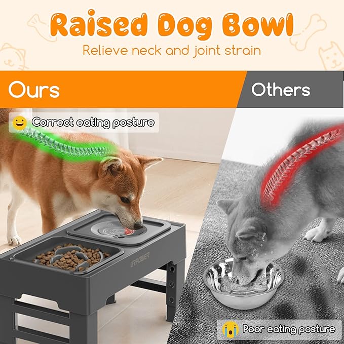 URPOWER 2-in-1 Elevated Slow Feeder Dog Bowls with No-Spill Water Bowl, 4 Height-Adjustable Raised Dog Bowls, Non-Slip Food and Water Bowls with Stand for Small, Medium, Large Dogs, Cats and Pets
