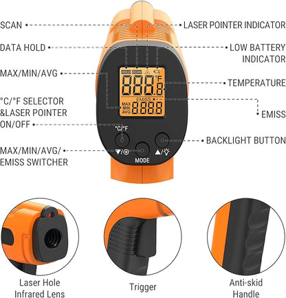 TempPro TP30 Infrared Thermometer Gun, Laser Thermometer for Cooking, Pizza Oven, Griddle, Engine, HVAC, Temperature Gun with Adjustable Emissivity & Max Measure -58°F ~1022°F (Previously ThermoPro)