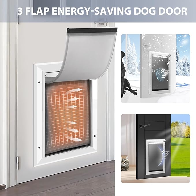[Petoasis] 3-Flaps Heavy-Duty Dog Door, Rust Proof Aluminum Alloy Frame, Extreme Weather Dog Door Can Block Wind, Snow, and Rainwater Intrusion (Silvery White, Large for Door)