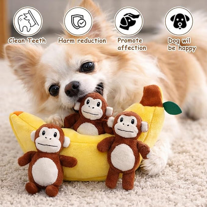 Hollypet Squeaky Dog Toy, Interactive Plush Hide and Seek Dog Toys for Small Medium Sized Dogs and Non-Aggressive Chewers, Puppy Teeth Clean Chew Toys, Banana and Monkeys